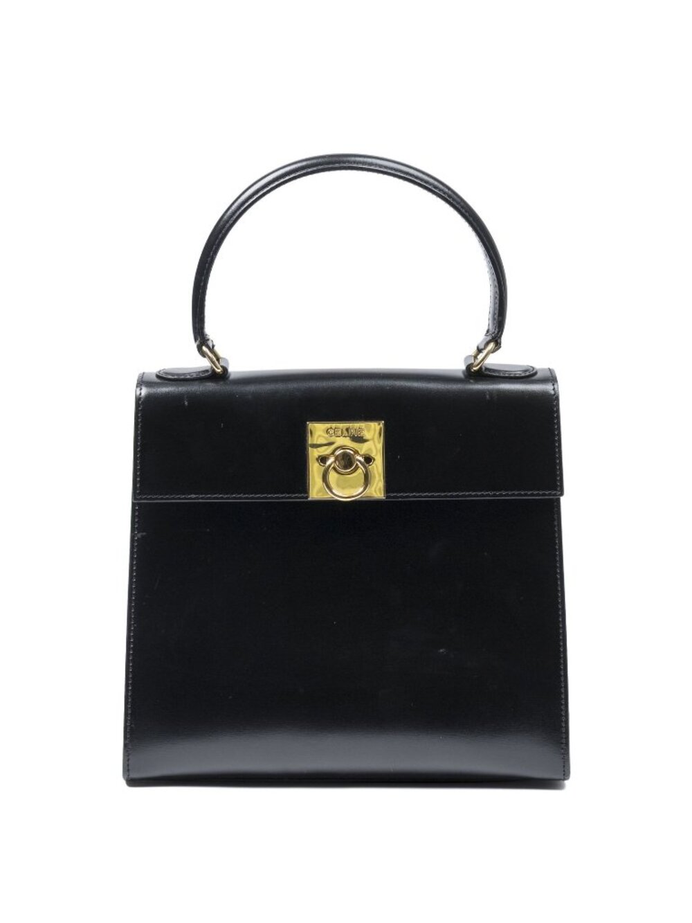 Celine Vintage Gancini Top Handle Black Smooth Leather
